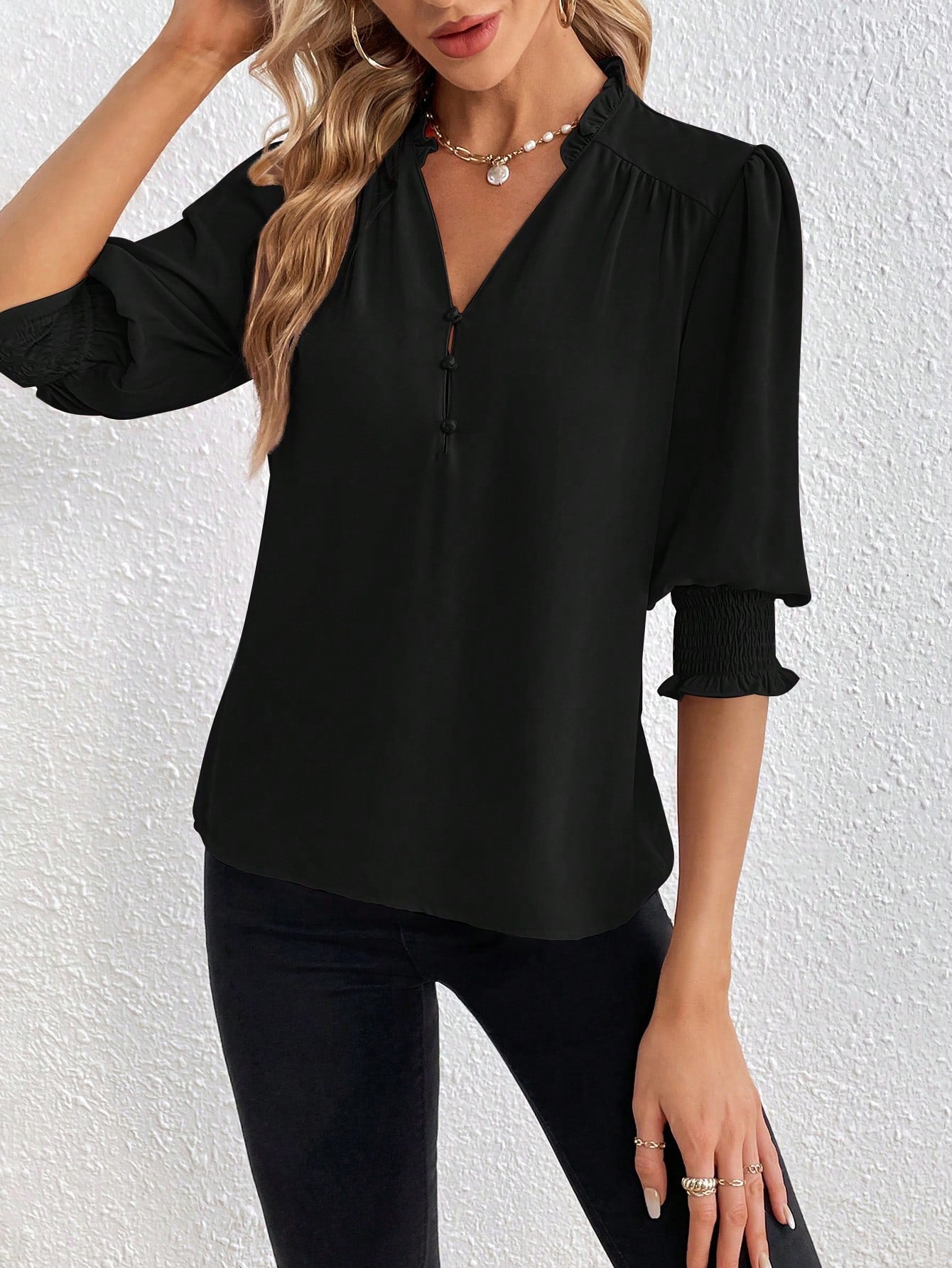 PRIVÉ Notched Neckline Shirred Sleeve Polyester Blouse