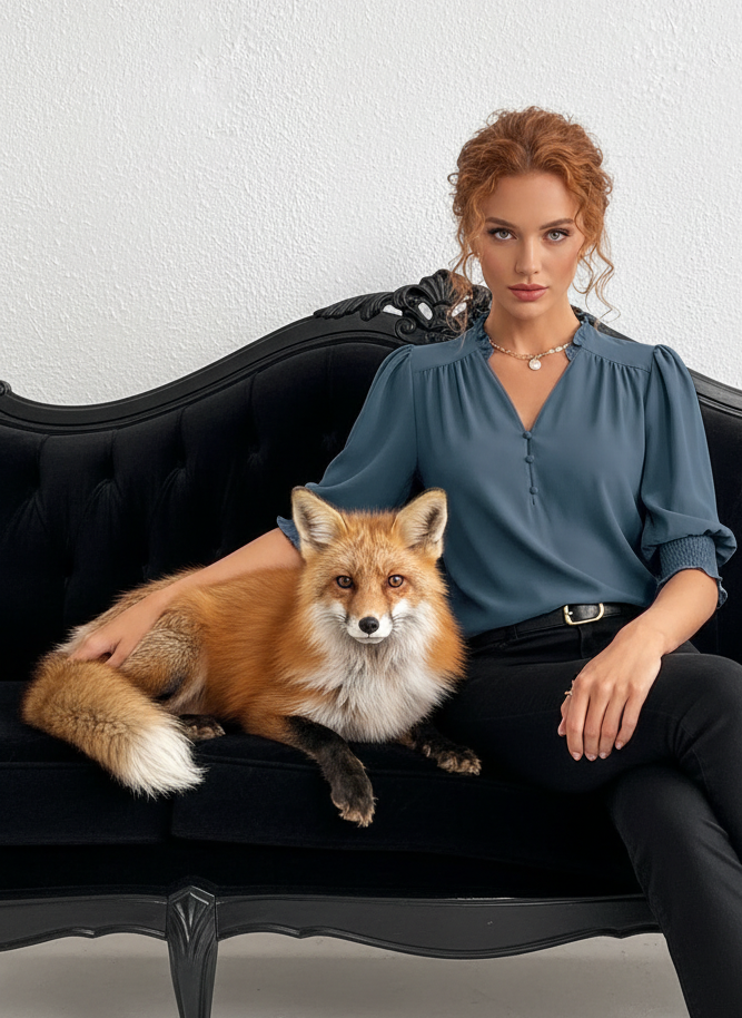 PRIVÉ Notched Neckline Shirred Sleeve Polyester Blouse