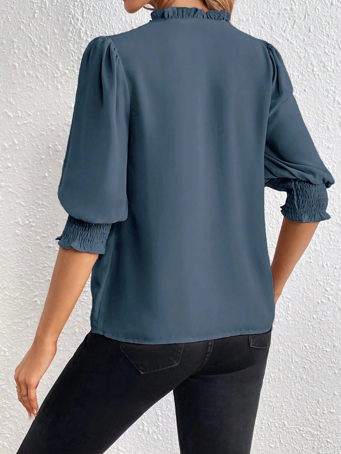 PRIVÉ Notched Neckline Shirred Sleeve Polyester Blouse