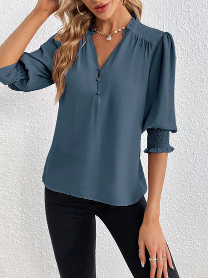 PRIVÉ Notched Neckline Shirred Sleeve Polyester Blouse