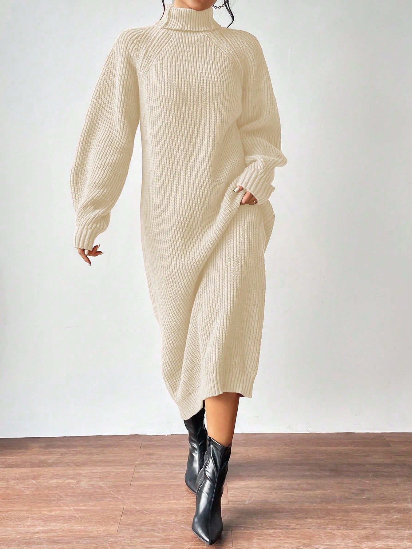 Turtleneck Raglan Sleeve Sweater Dress