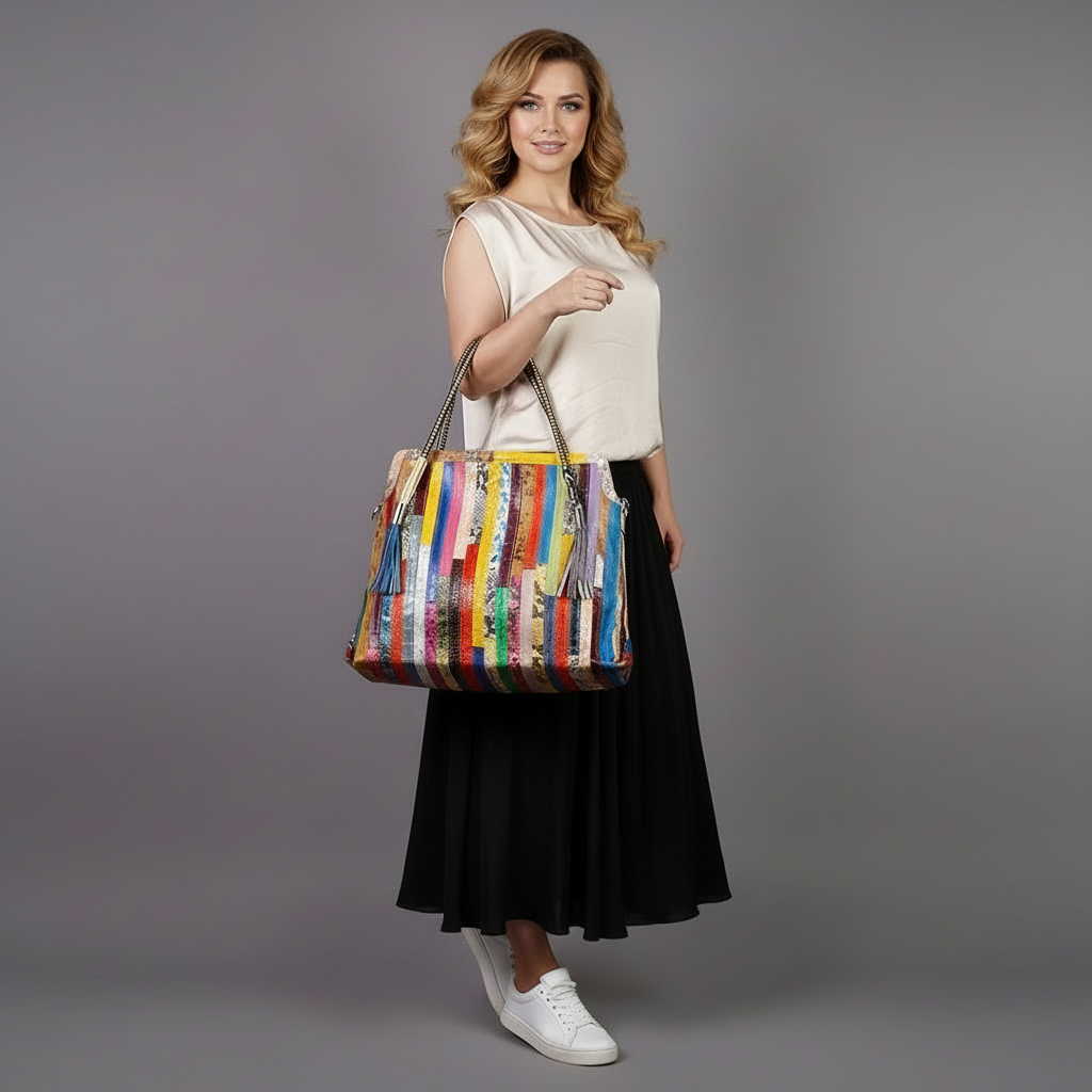 Bohemian Snake Print Genuine Leather Tote Bag