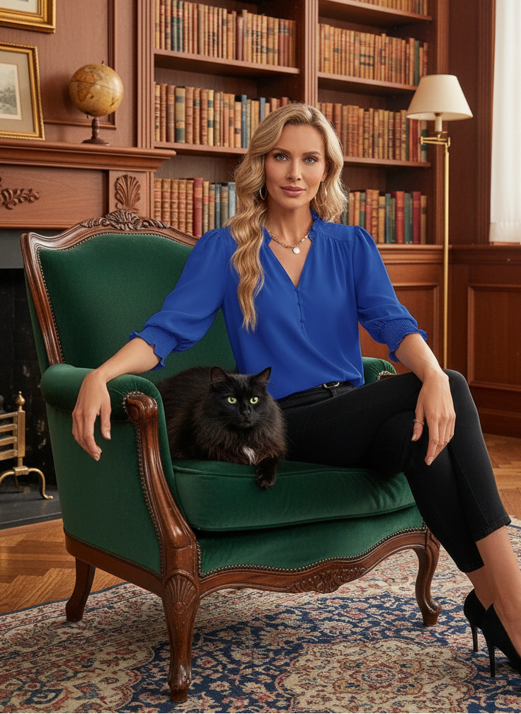 PRIVÉ Notched Neckline Shirred Sleeve Polyester Blouse