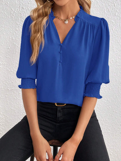 PRIVÉ Notched Neckline Shirred Sleeve Polyester Blouse