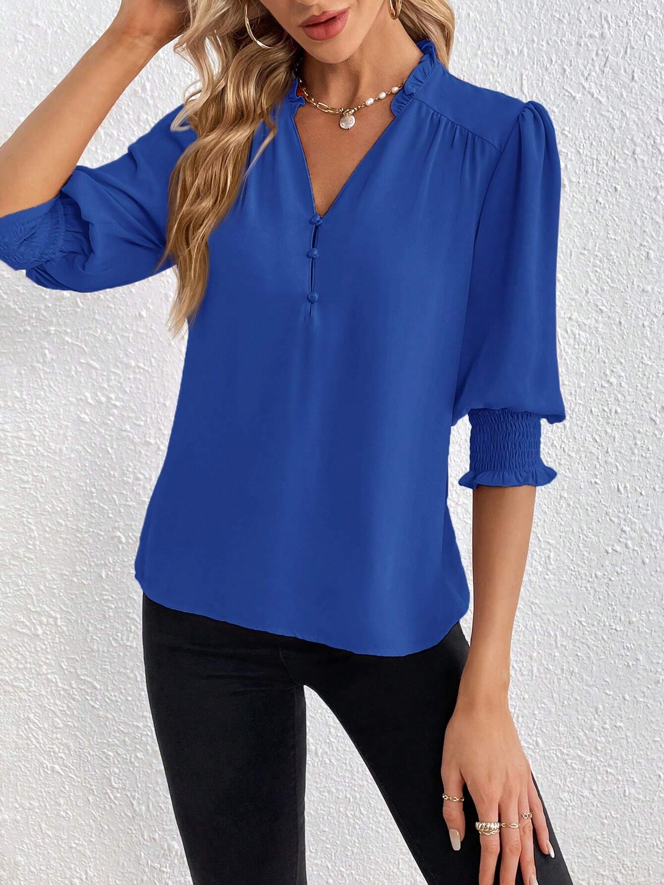 PRIVÉ Notched Neckline Shirred Sleeve Polyester Blouse