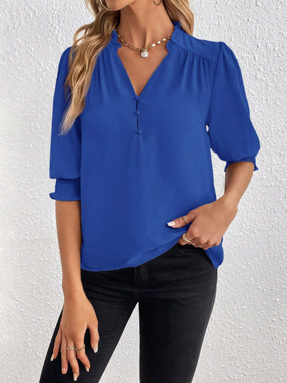 PRIVÉ Notched Neckline Shirred Sleeve Polyester Blouse