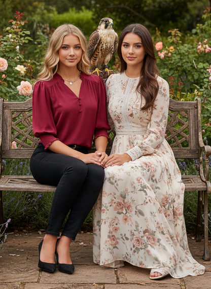 PRIVÉ Notched Neckline Shirred Sleeve Polyester Blouse