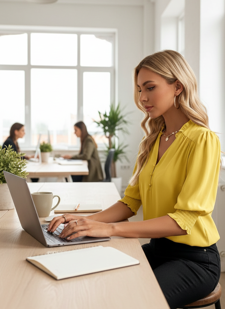 PRIVÉ Notched Neckline Shirred Sleeve Polyester Blouse