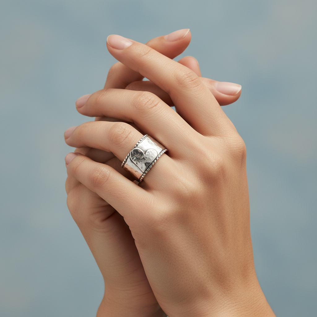 Handcrafted Heart 925 Silver Plated Copper Ring