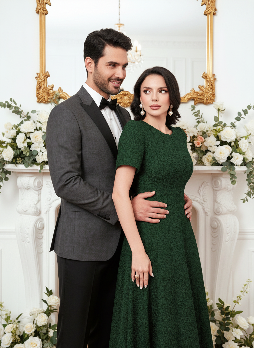 MODELYN Floral Jacquard Notched Neck Short Sleeve Midi Dress