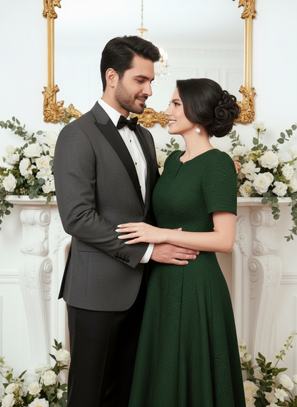 MODELYN Floral Jacquard Notched Neck Short Sleeve Midi Dress