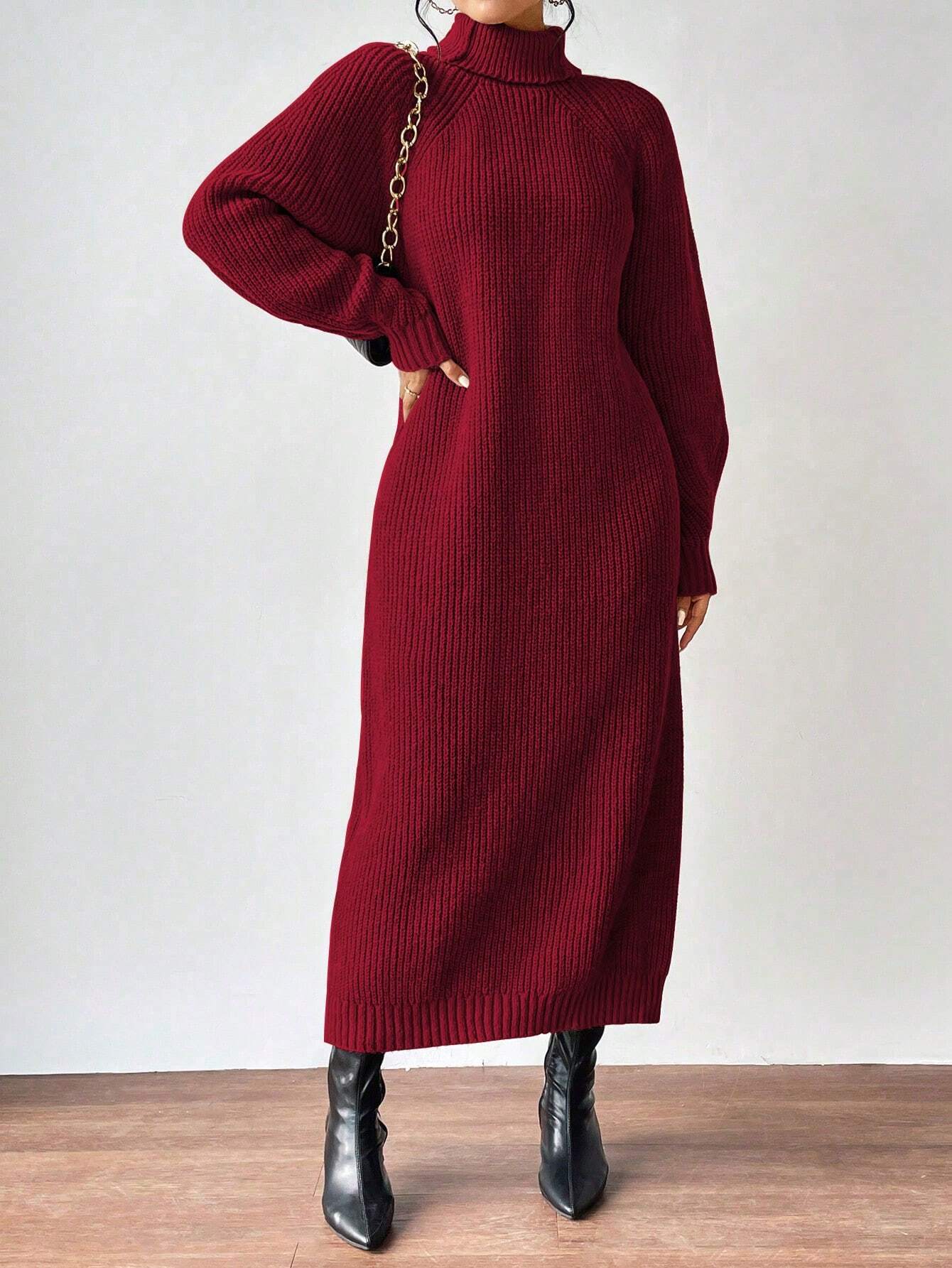 Turtleneck Raglan Sleeve Sweater Dress