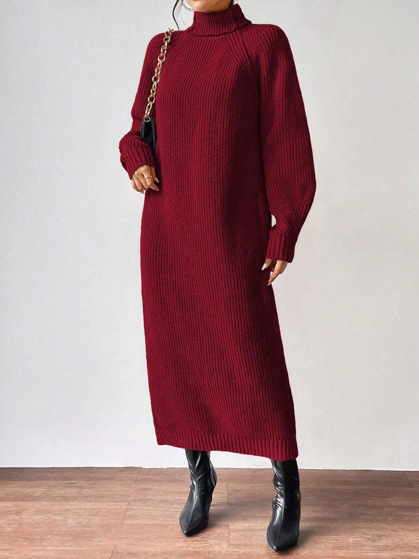 Turtleneck Raglan Sleeve Sweater Dress