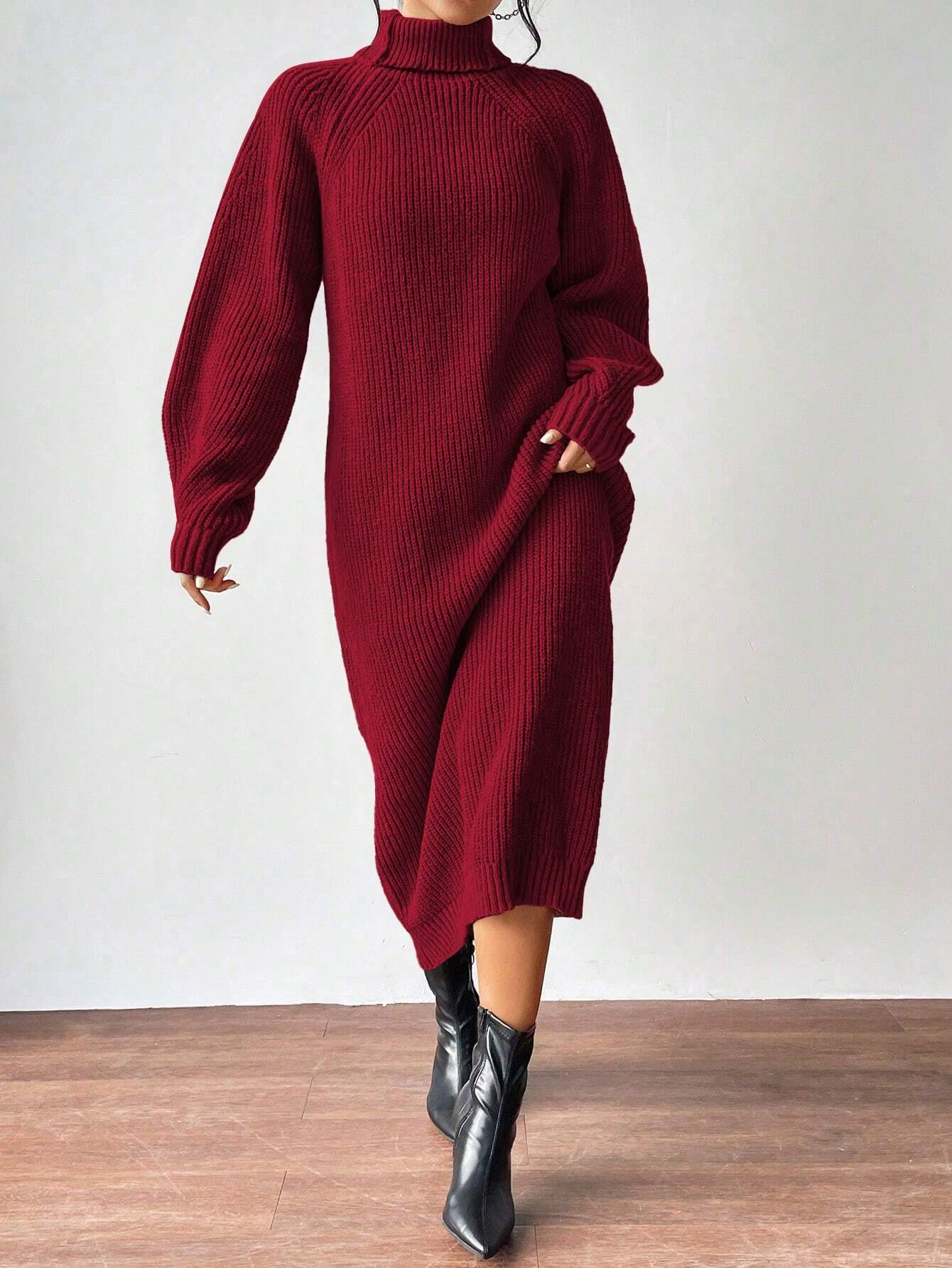 Turtleneck Raglan Sleeve Sweater Dress