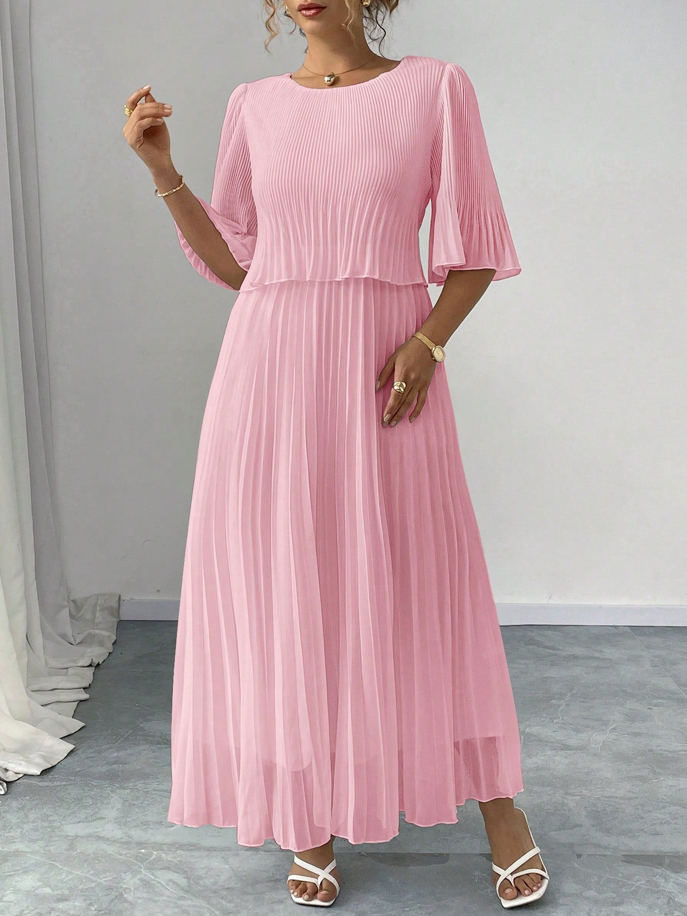 Valentina Ribbed Lightweight Pleated Maxi Dress