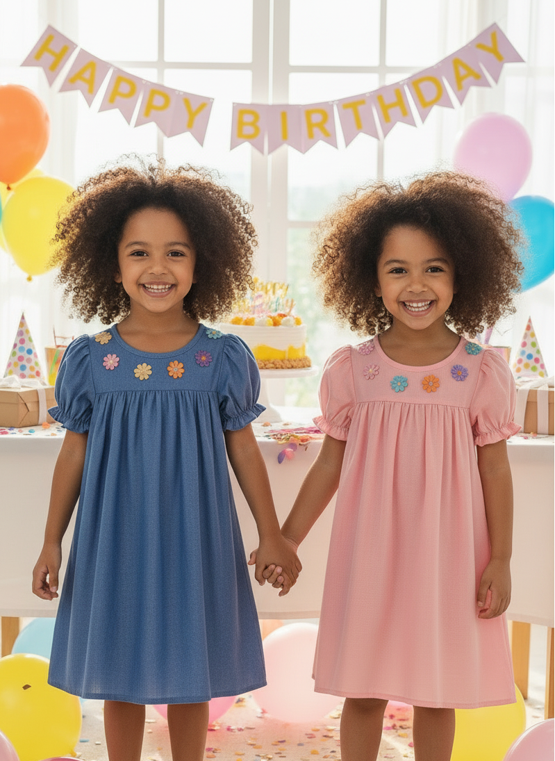 Daisy Puff Sleeve Chambray Denim Dress