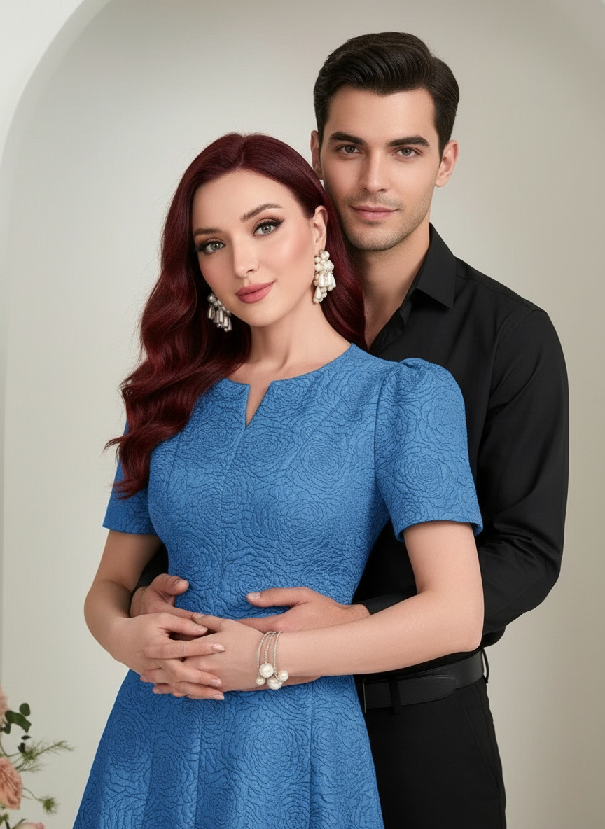 MODELYN Floral Jacquard Notched Neck Short Sleeve Midi Dress