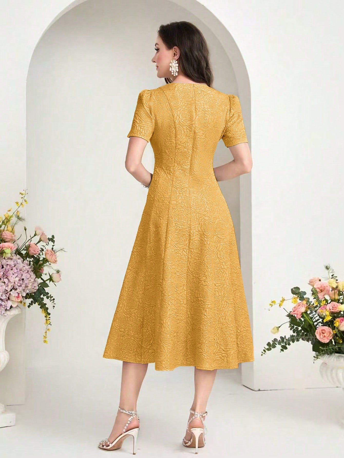 MODELYN Floral Jacquard Notched Neck Short Sleeve Midi Dress