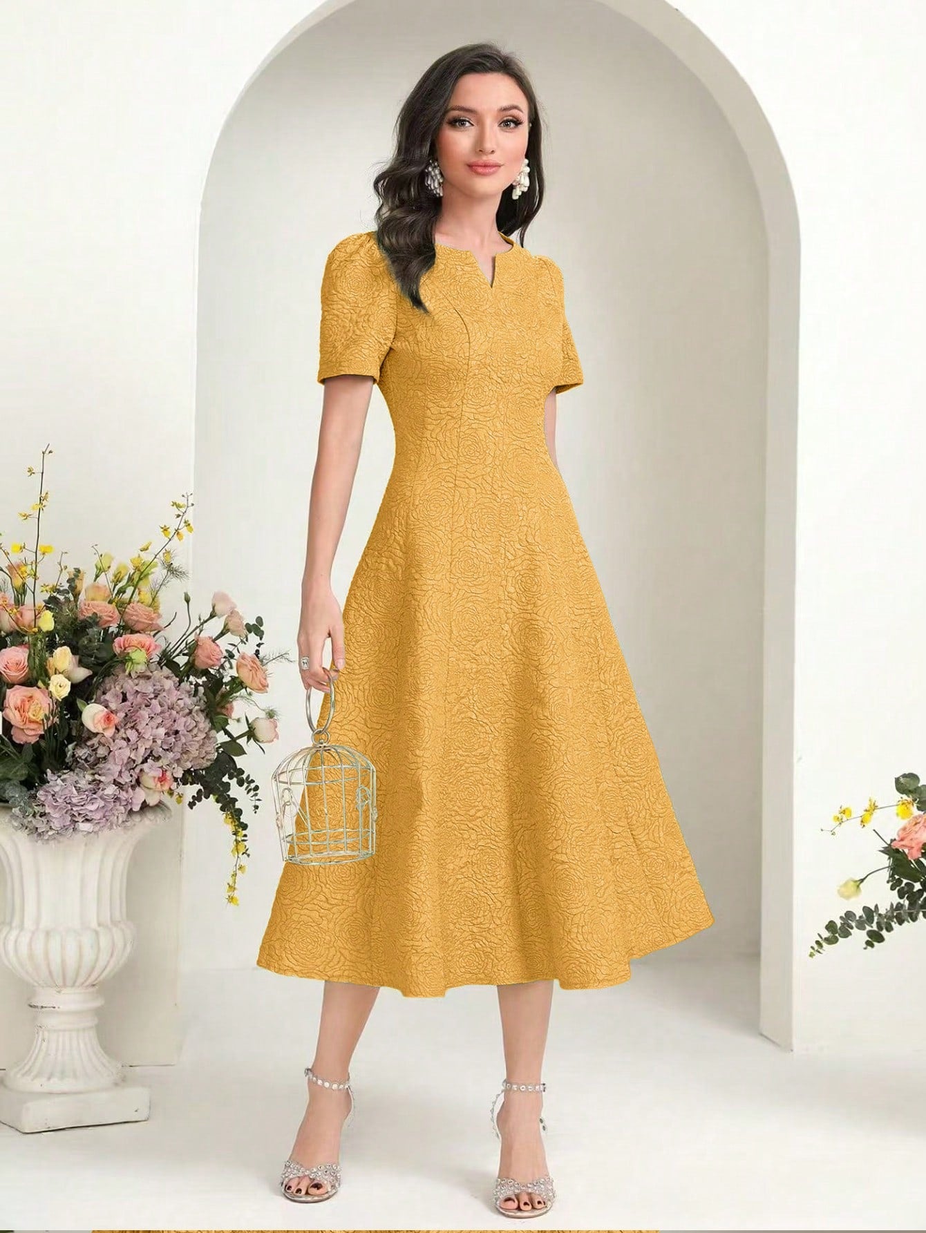 MODELYN Floral Jacquard Notched Neck Short Sleeve Midi Dress