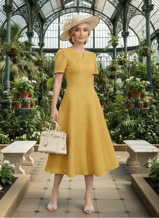 MODELYN Floral Jacquard Notched Neck Short Sleeve Midi Dress