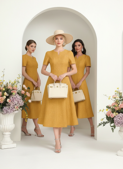 MODELYN Floral Jacquard Notched Neck Short Sleeve Midi Dress