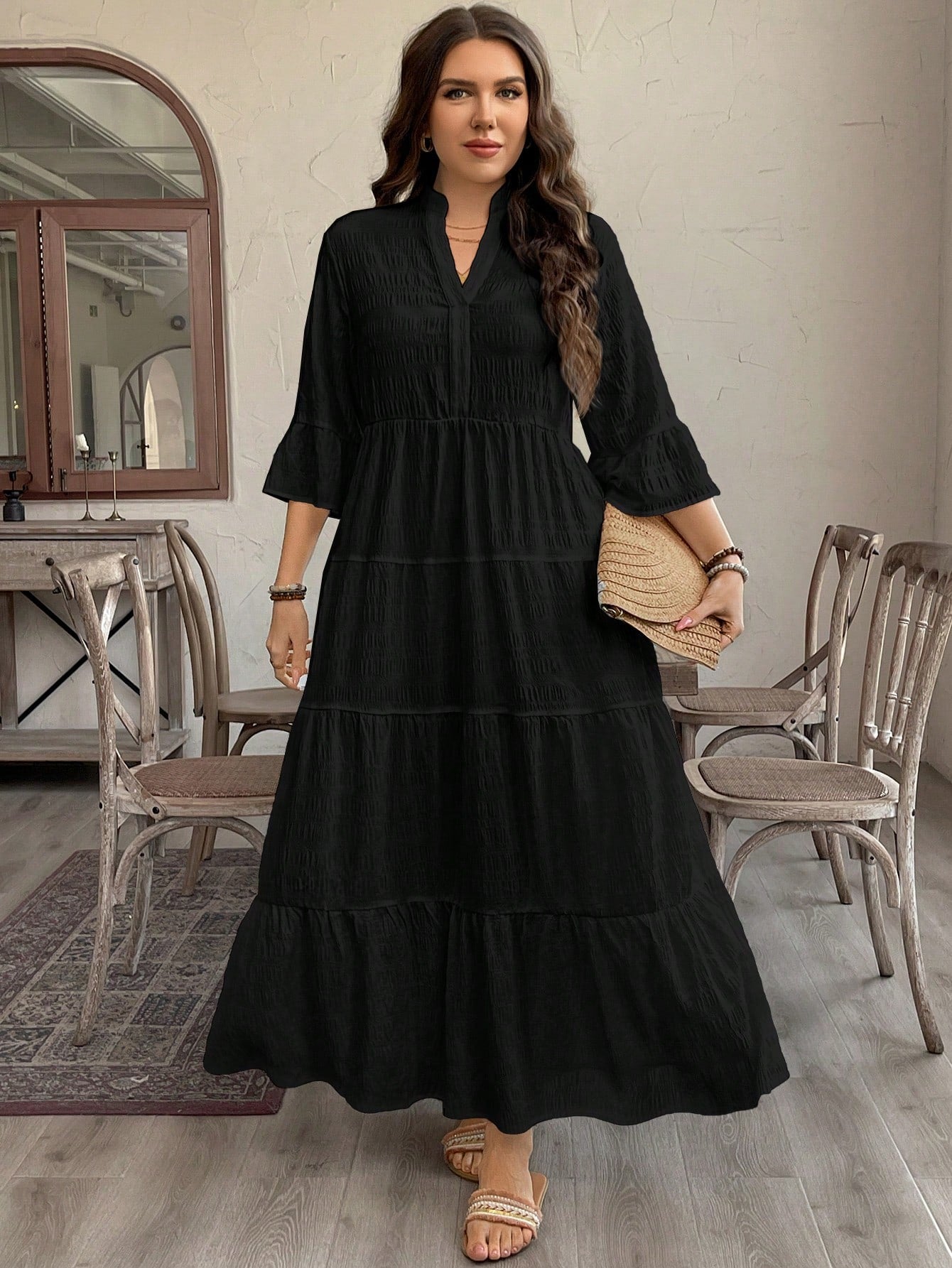 Emery Rose Ruffle Hem Polyester Maxi Dress