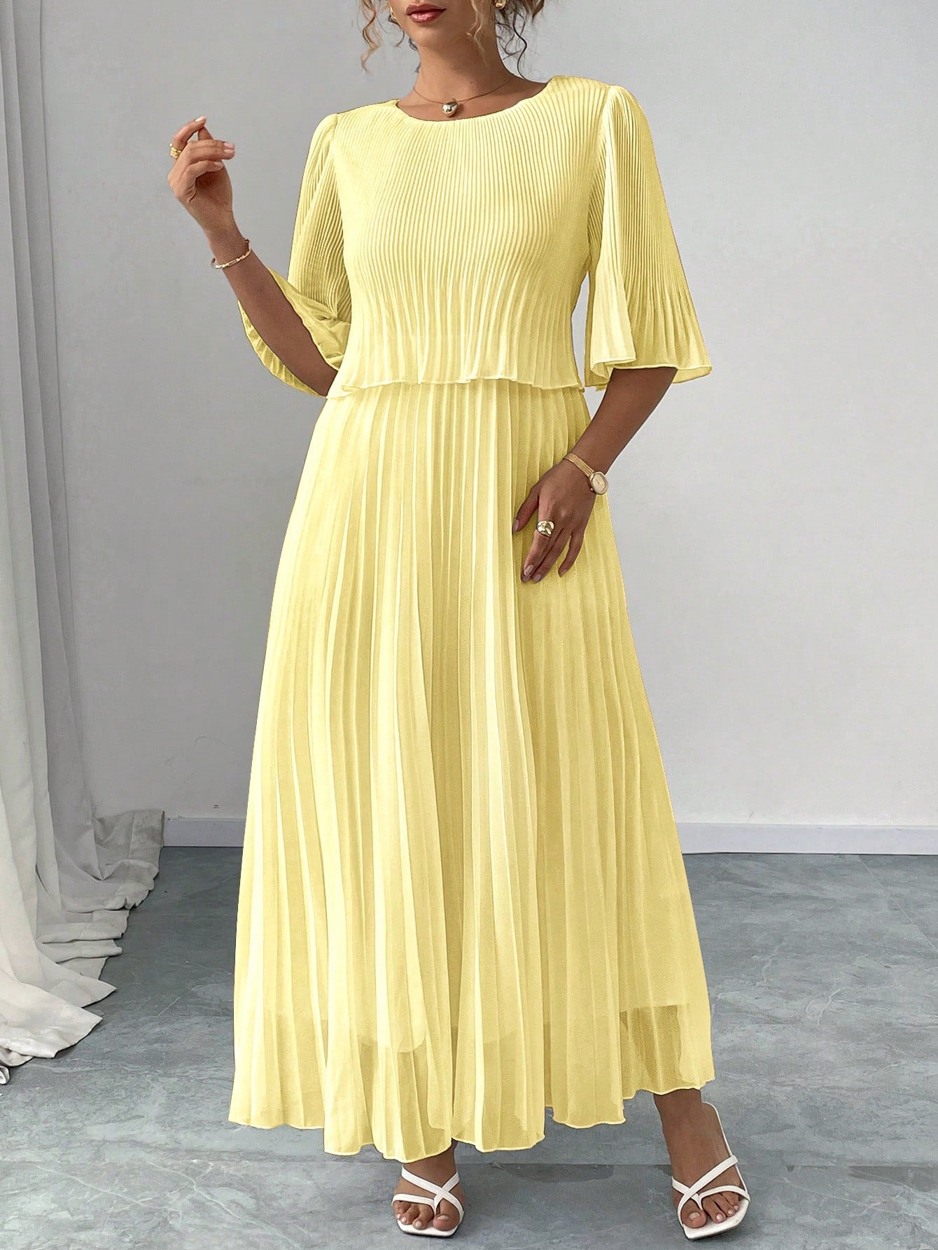 Valentina Ribbed Lightweight Pleated Maxi Dress