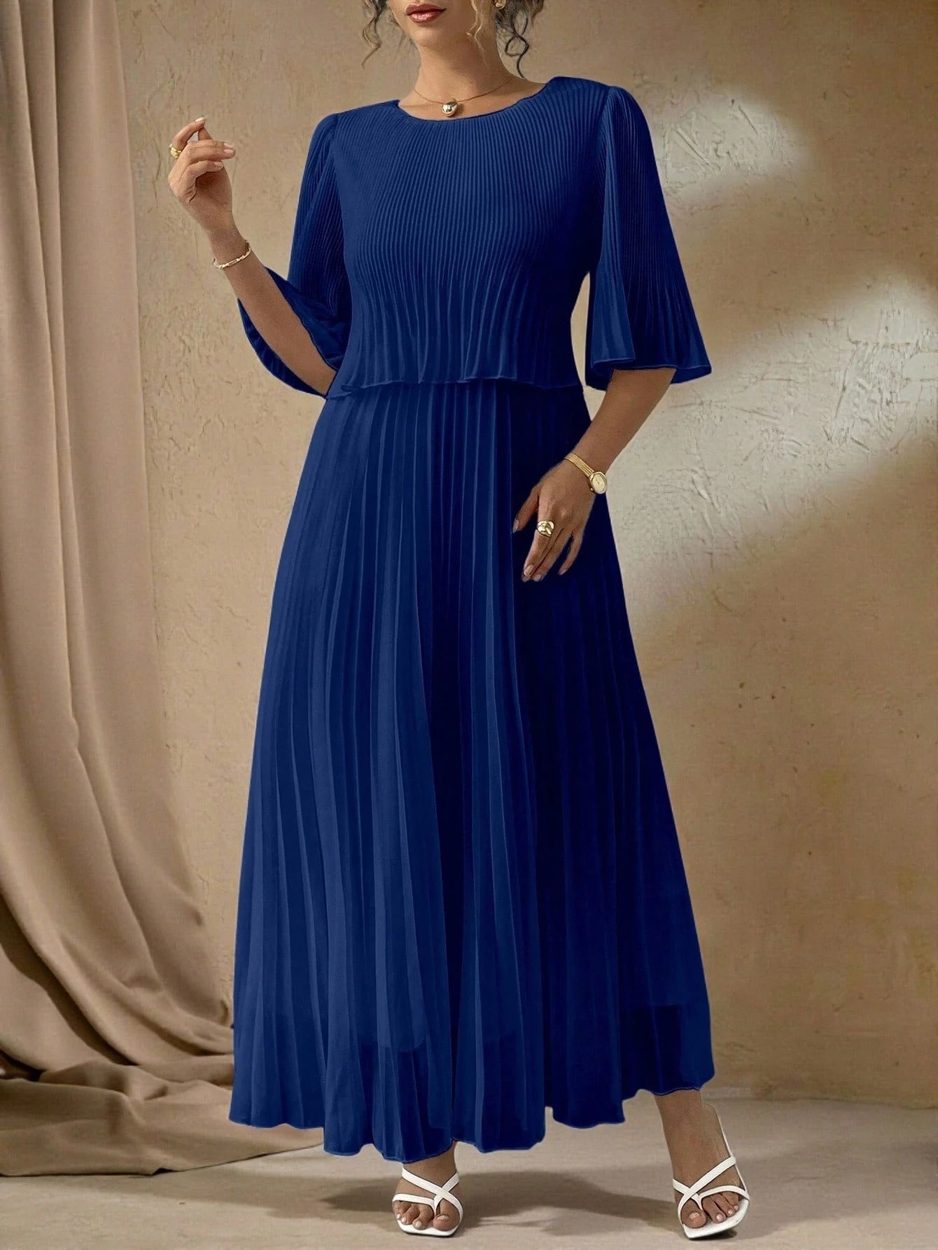 Valentina Ribbed Lightweight Pleated Maxi Dress