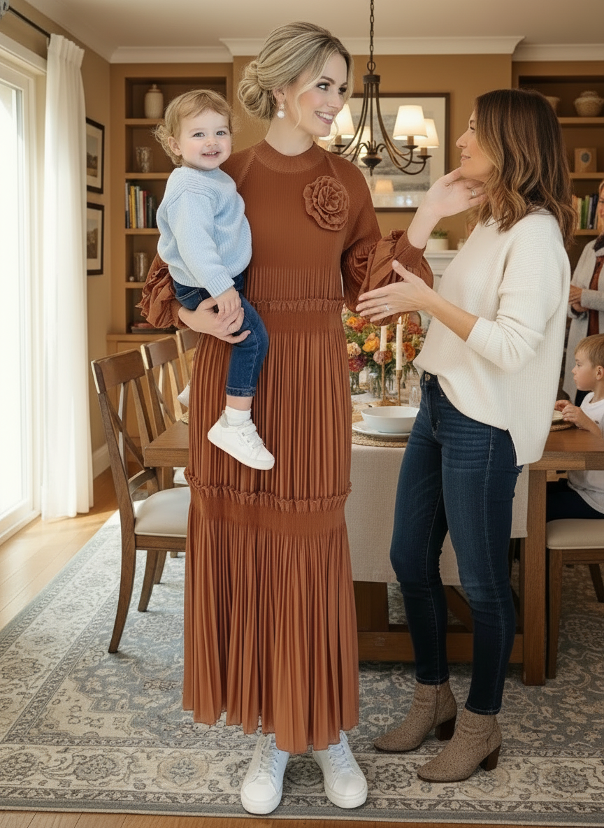 Elegant Floral Applique Fine Pleated Polyester Ruffle Dresses