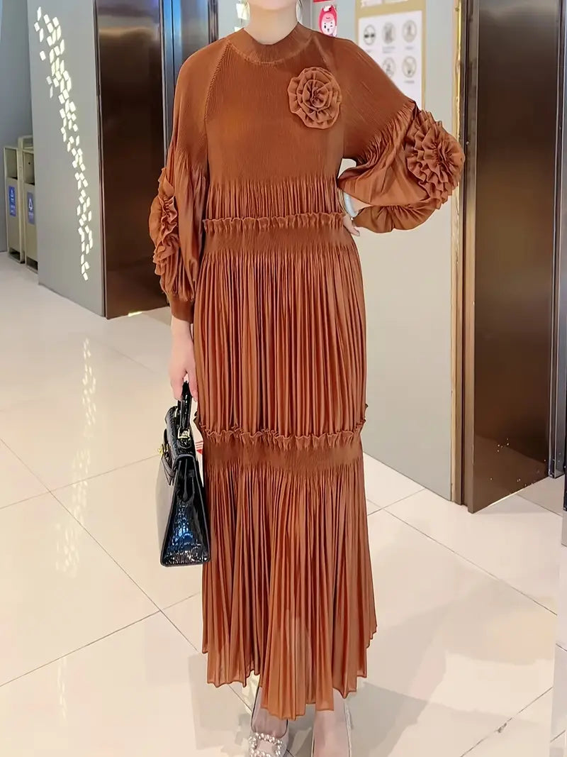 Elegant Floral Applique Fine Pleated Polyester Ruffle Dresses