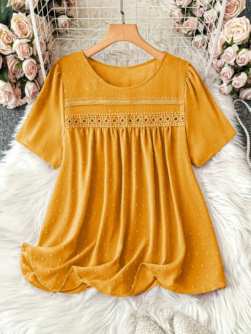 Polka Dot Textured Short Sleeved Blouse Top