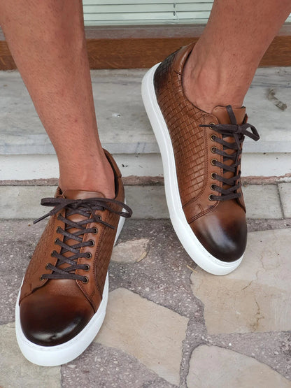 Derby Crocodile Embossed Flat Leather Sneakers