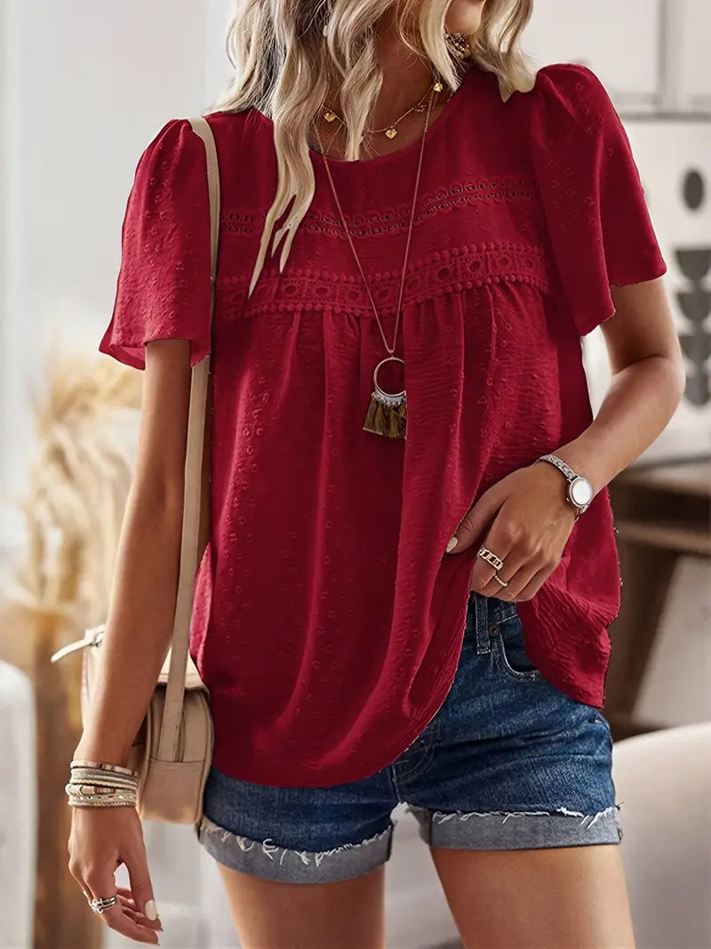 Polka Dot Textured Short Sleeved Blouse Top