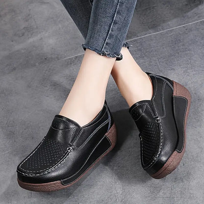 Lightweight Cowhide Leather Slip-On Platform Loafers