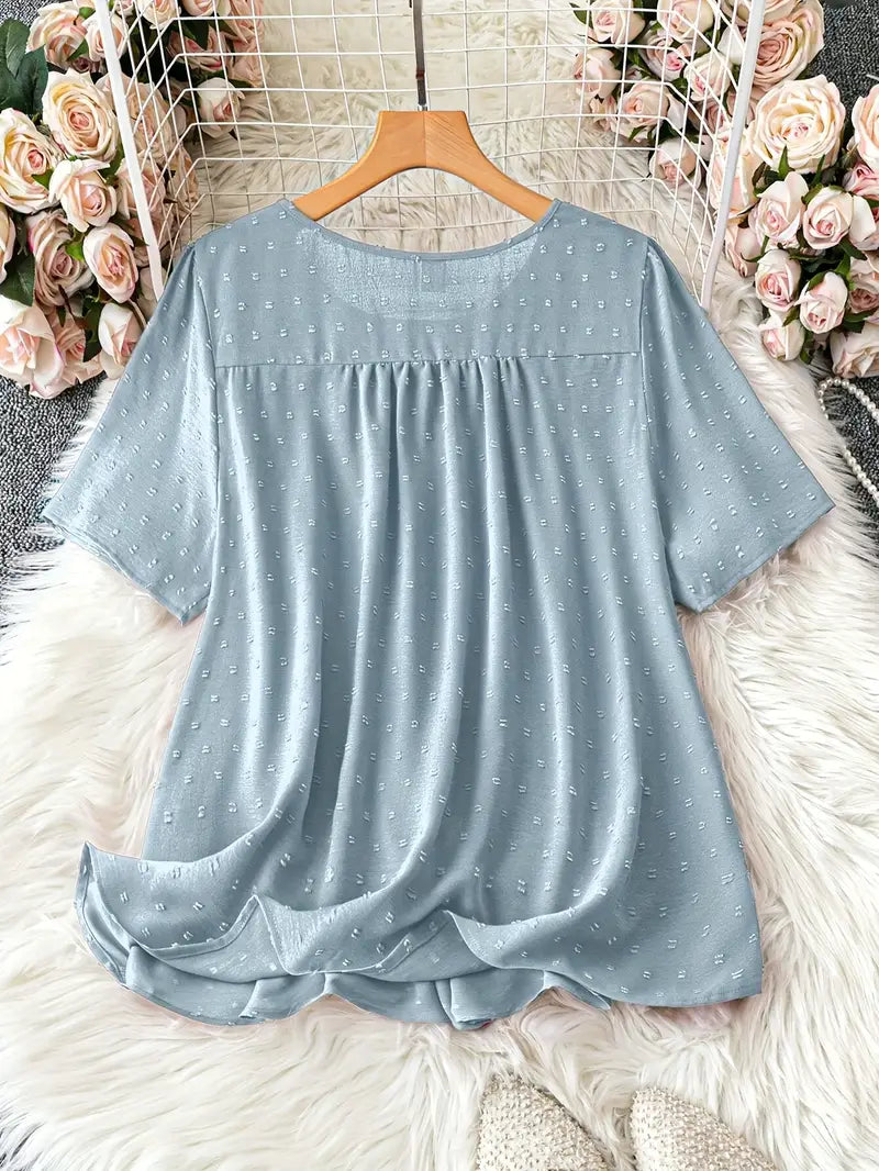 Polka Dot Textured Short Sleeved Blouse Top