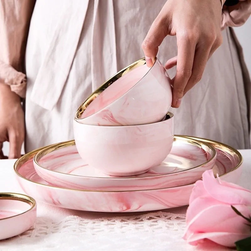 CasaVero's Pink Marble Gold Rim Dinnerware