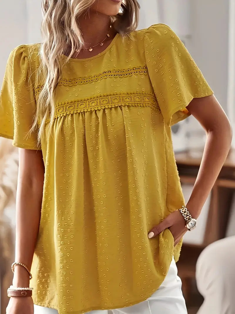 Polka Dot Textured Short Sleeved Blouse Top