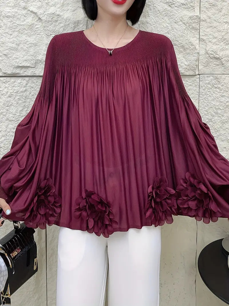Floral Applique Round-Neck Pleated Blouse Tops