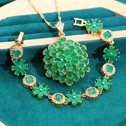 Retro Floral Zirconia Green Stone Pendant Necklace