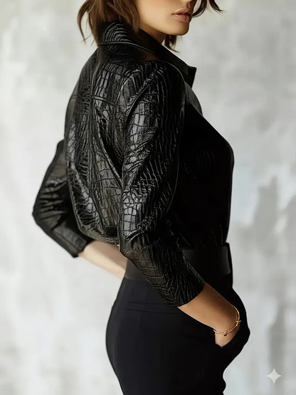 PUPU Crocodile Embossed Vegan Leather Blouse