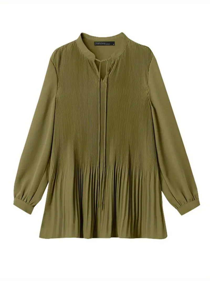 ZANZEA Plus Size Fine Pleated Long Sleeve Top