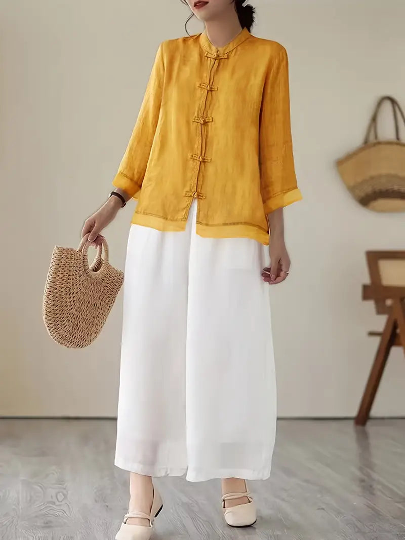 TADAMA Plus Size Mandarin Nehru Collar Top