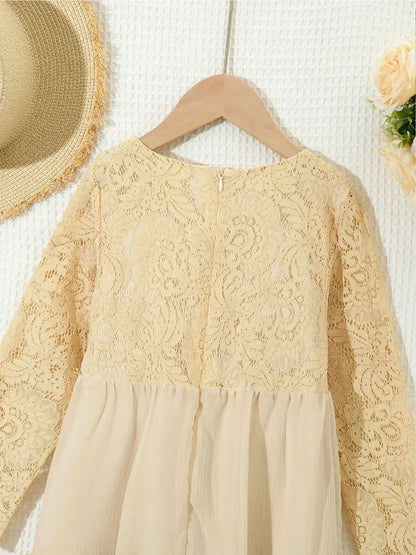 Lace Trim Long Sleeve Ruffle Dresses