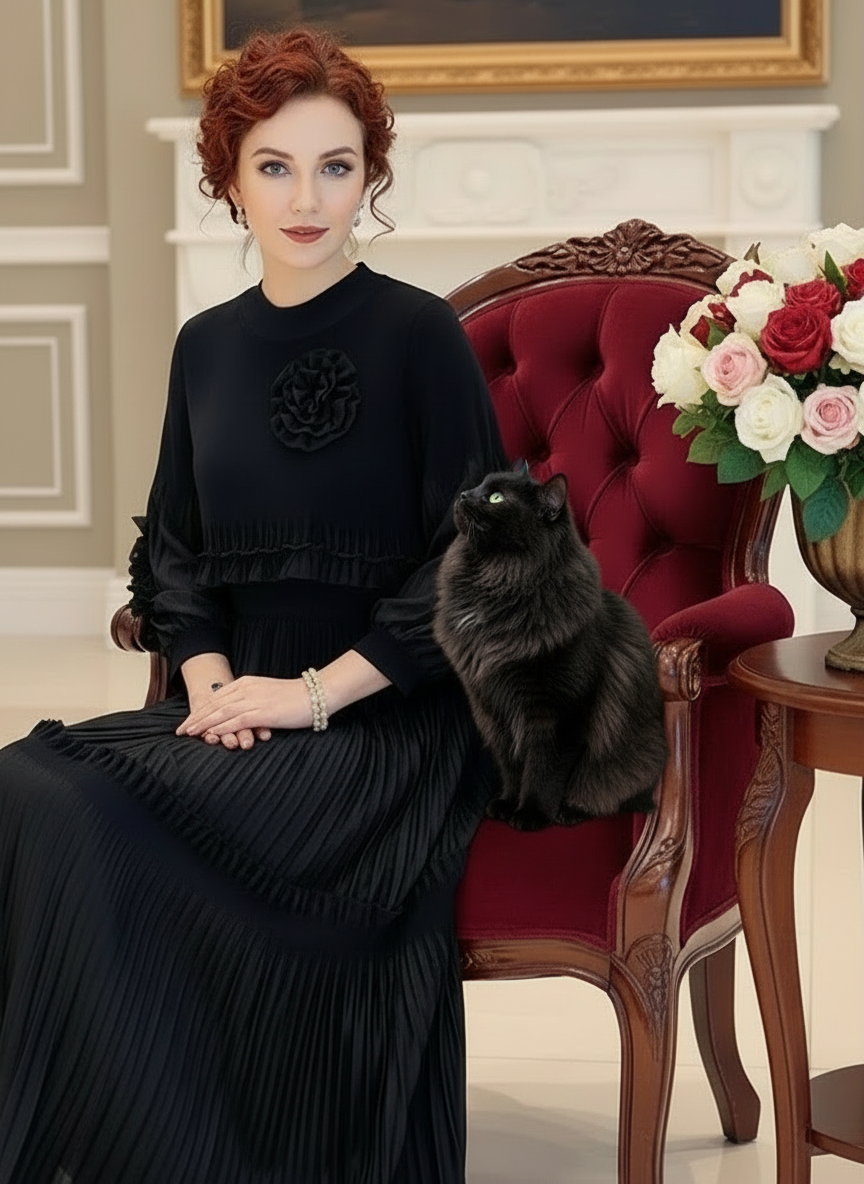 Elegant Floral Applique Fine Pleated Polyester Ruffle Dresses