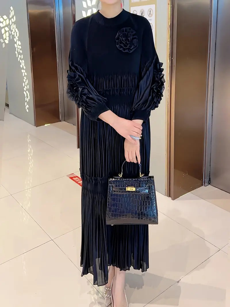 Elegant Floral Applique Fine Pleated Polyester Ruffle Dresses