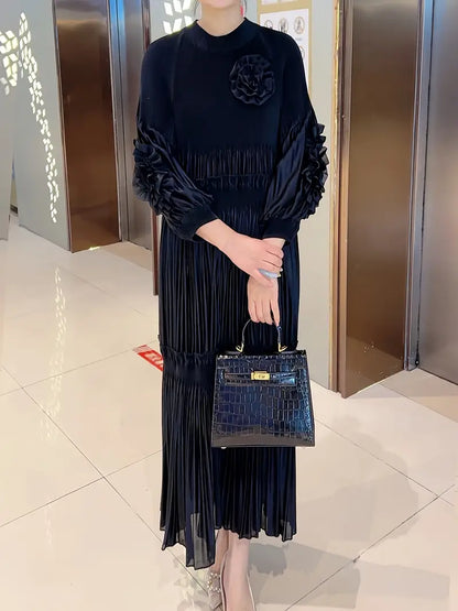 Elegant Floral Applique Fine Pleated Polyester Ruffle Dresses