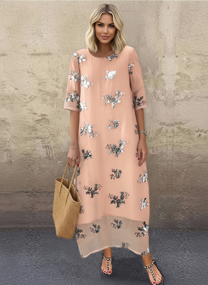 Blush Pink Floral Sequin Maxi Dress