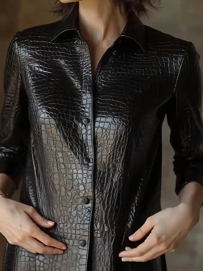 PUPU Crocodile Embossed Vegan Leather Blouse