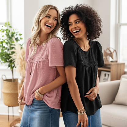 Polka Dot Textured Short Sleeved Blouse Top