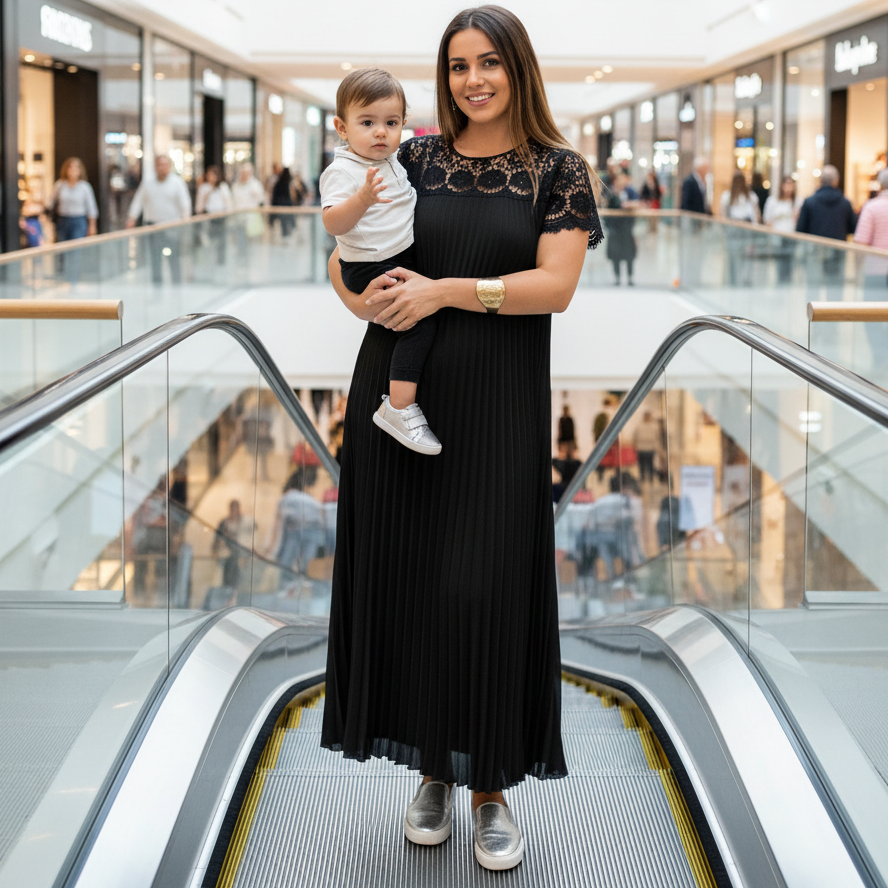 Plus Size Elegant Lace Trim Pleated Dress